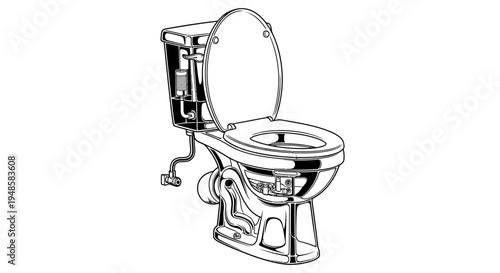Cross section of a toilet bowl, showing internal plumbing and flushing mechanism