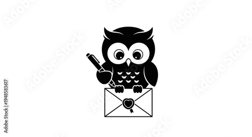 Cute Owl Holding Pen Writing on Envelope with Heart Seal