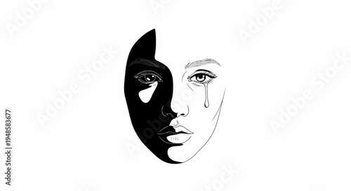 Dramatic Black and White Portrait of a Crying Woman with Half Face in Shadow