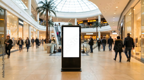 Blank digital display screen in a bright modern shopping mall with blurred shoppers and retail stores offering clear copy space for various advertisem