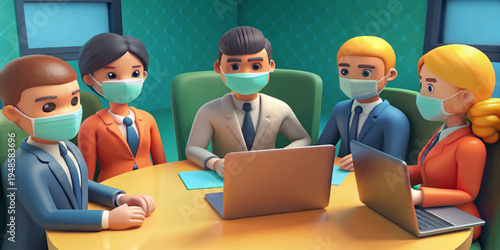 3D illustration of corporate team discussing project around laptop while wearing medical masks. Concept of teamwork, office collaboration, workplace safety and modern business meeting.