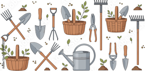 Large collection of garden tool vectors including shovels rakes watering can and baskets with plants in a rustic hand drawn style isolated on white background.