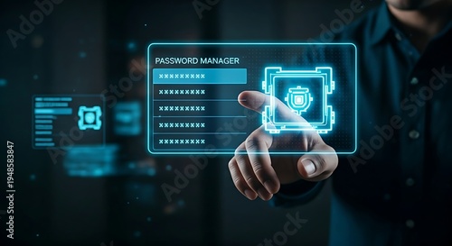 Password manager security concept. A hand over a holographic digital vault that, when touched, reveals a list of encrypted passwords.