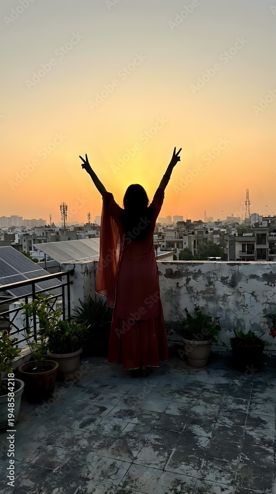 Fototapeta premium Woman in red dress celebrating victory with raised arms on urban rooftop terrace at golden sunset over city skyline with communication towers and buildings.