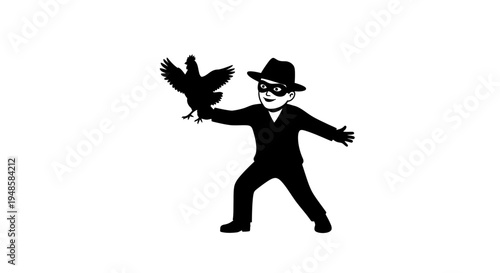 Silhouette of a boy in a mask and hat holding a chicken, playful, retro style
