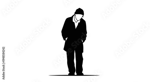 Silhouette of a man in a coat and hat, hands in pockets, looking down, isolated on white