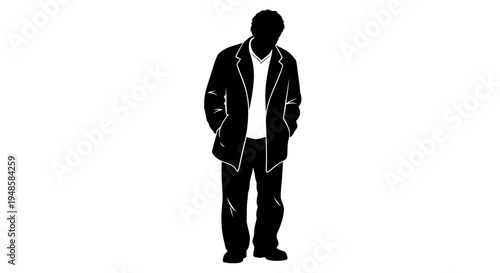 Silhouette of a man in a jacket, standing with hands in pockets, looking down