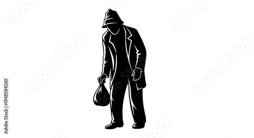 Silhouette of a man in a hat carrying a bag, vintage style illustration