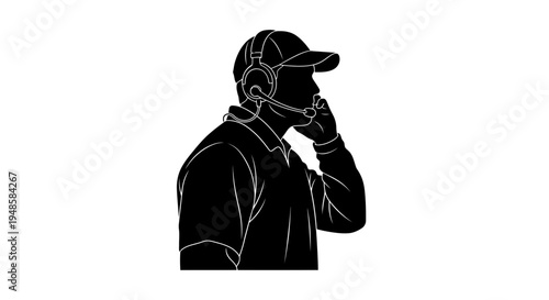 Silhouette of a man in a headset and cap talking, communication, teamwork, support