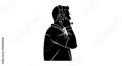 Silhouette of a man wearing headphones and talking into a microphone, side profile