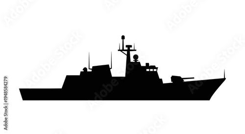 Silhouette of a Modern Warship or Destroyer at Sea