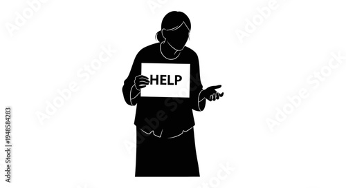 Silhouette of a person holding a sign that says HELP, asking for assistance or support.
