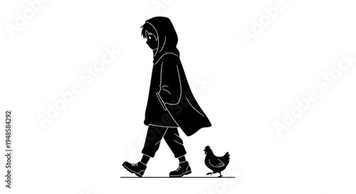 Silhouette of a person in a hooded cloak walking with a chicken