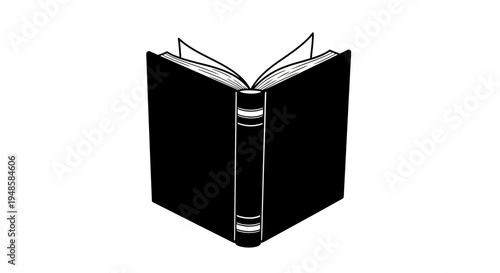 Open Black Hardcover Book, Blank Pages, Isolated on White Background, Classic Literature Symbol