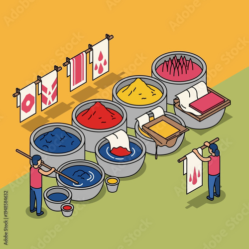 Illustration depicting the process of textile dyeing, showcasing various stages and tools.