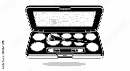 Open Makeup Palette with Brushes and Applicator, Black and White Illustration