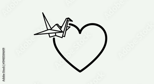 Origami Crane Flying Over Heart Outline, Symbol of Love, Peace, and Hope