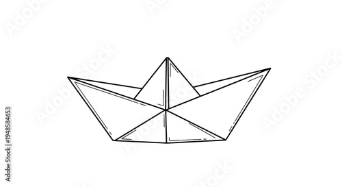 Origami Paper Boat Illustration, Simple Folded Ship, Childhood Toy, Black and White Sketch