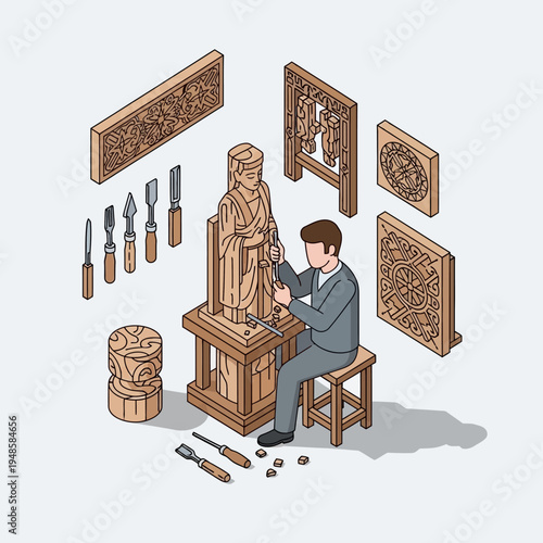 An illustration of a wood carver at work, surrounded by tools and finished pieces.