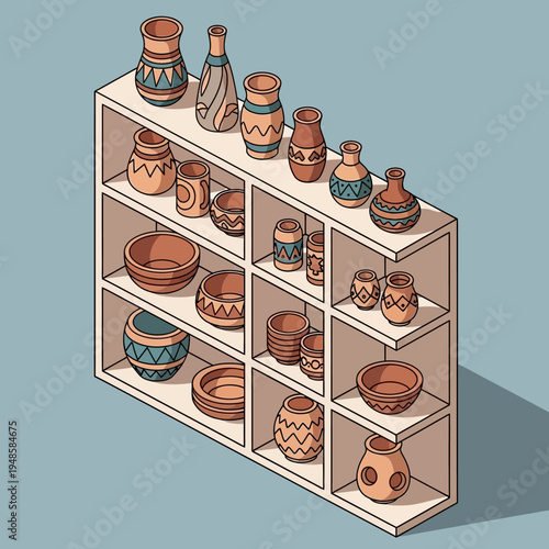 Isometric illustration of a white shelf filled with various ceramic pottery items.