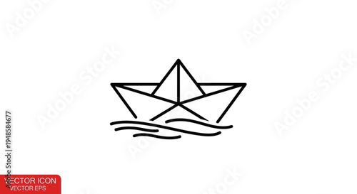 Origami paper boat sailing on wavy water, simple line art icon