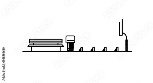 Park Bench, Trash Can, and Bike Rack - Minimalist Line Art Illustration