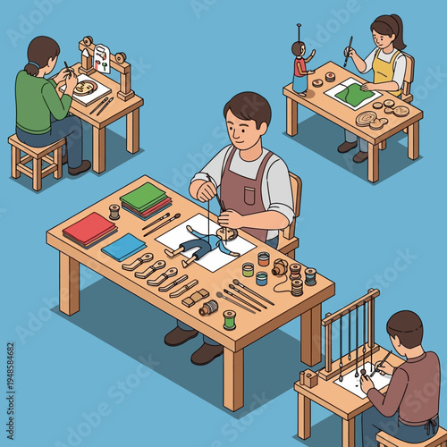 People crafting puppets and figurines at wooden tables in a workshop setting.