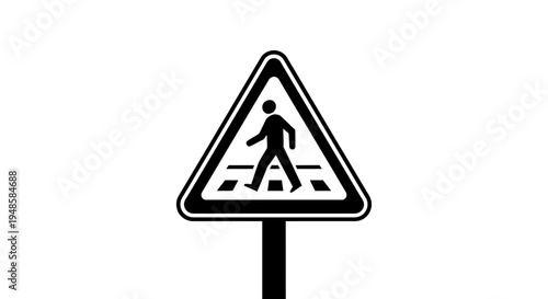 Pedestrian Crossing Sign, Safety Warning, Black and White Symbol on White Background