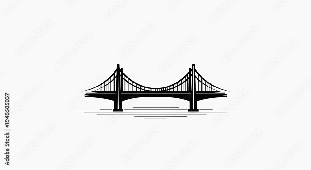 Fototapeta premium Minimalist Black and White Suspension Bridge Silhouette with Water Lines