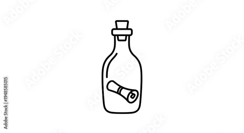 Message in a Bottle Icon, Rolled Scroll Inside Glass Container with Cork Stopper, Simple Line Art