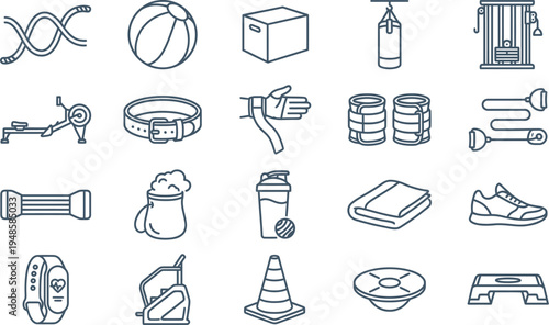 Collection of minimal line icons representing various fitness equipment and health monitoring tools.