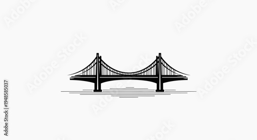 Minimalist Black and White Suspension Bridge Silhouette with Water Lines
