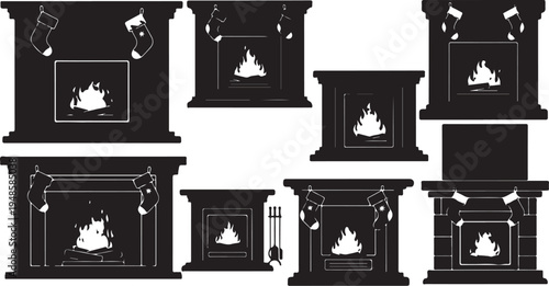 Fireplace Silhouettes with Flames and Christmas Decorations