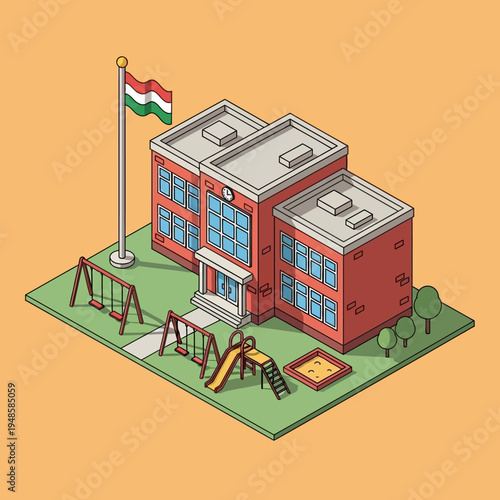 Isometric illustration of a school building with playground and Hungarian flag.