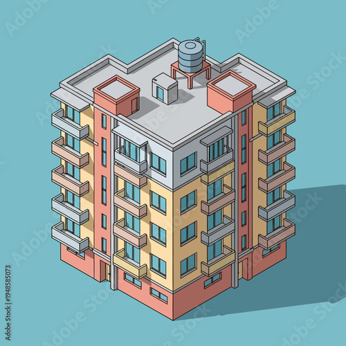 Isometric illustration of a modern apartment building with balconies and rooftop water tank.