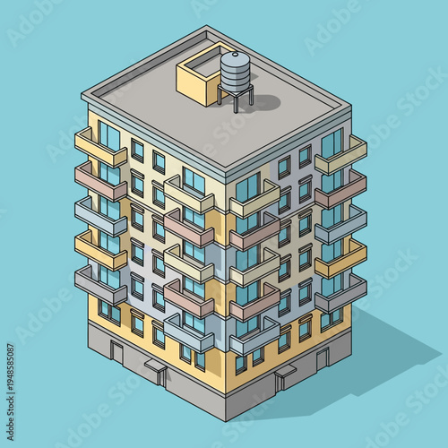 Isometric illustration of a multi-story residential building with balconies and a water tank.