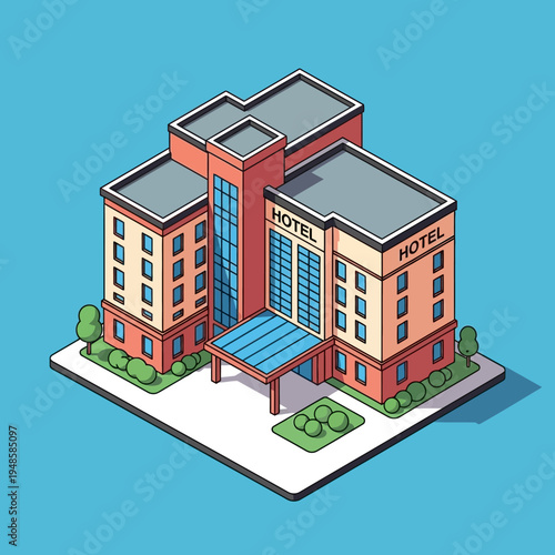 Isometric illustration of a modern hotel building with a blue sky background and landscaping.