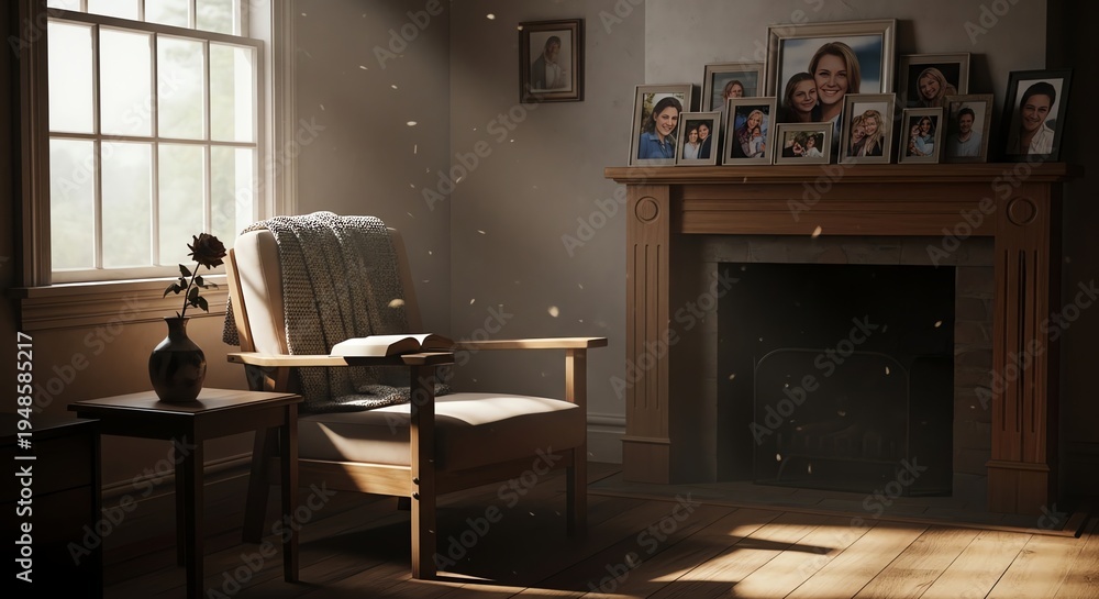 Fototapeta premium Warmly lit living room interior with a chair by the window, a side table, and a fireplace mantle with family photos in a cozy atmosphere.