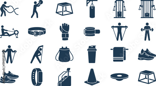 Comprehensive collection of modern fitness and gym equipment icons for various workout routines.