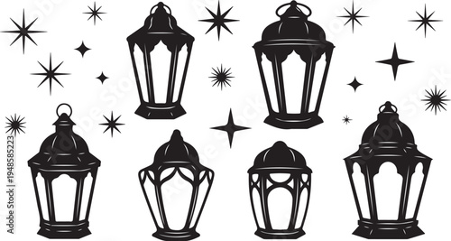 Black lanterns and stars on white background illustration set