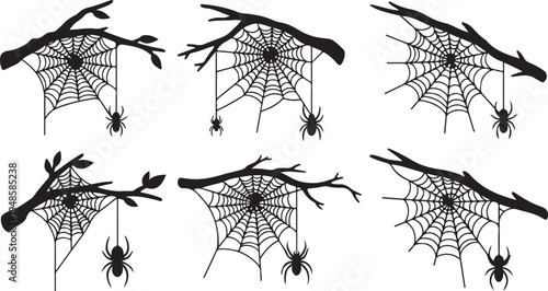 Black spiders and webs on white background illustration set
