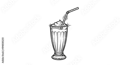 Hand-drawn sketch of a classic milkshake with whipped cream and straw