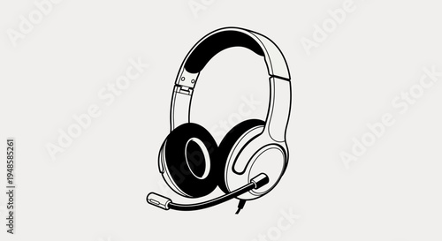 Headset with Microphone - Black and White Line Drawing Icon