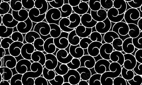 Japanese Karakusa style swirl and curl pattern background. black and white curve decoration.