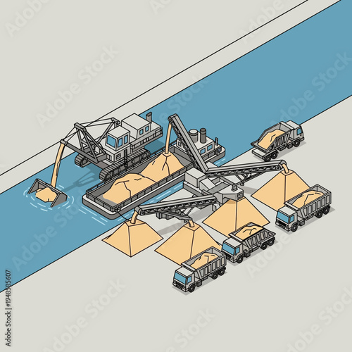 An illustration depicting the process of sand extraction and transportation using machinery.