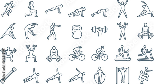 A comprehensive collection of outline fitness icons showcasing diverse workout activities and healthy lifestyles.