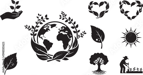 Earth conservation and eco friendly symbols in black and white