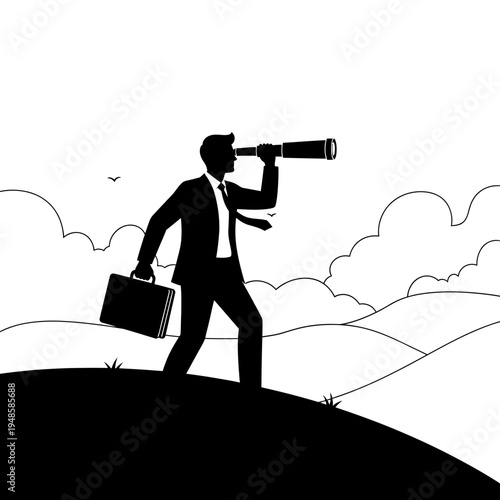 Businessman Observing Future Prospects Through a Telescope on a Hill Seeking Success and New Opportunities