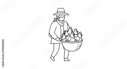 Farmer carrying basket of chickens, line art illustration