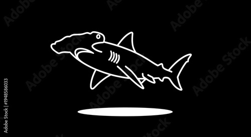Hammerhead shark outline, white graphic on black background, minimalist marine life illustration